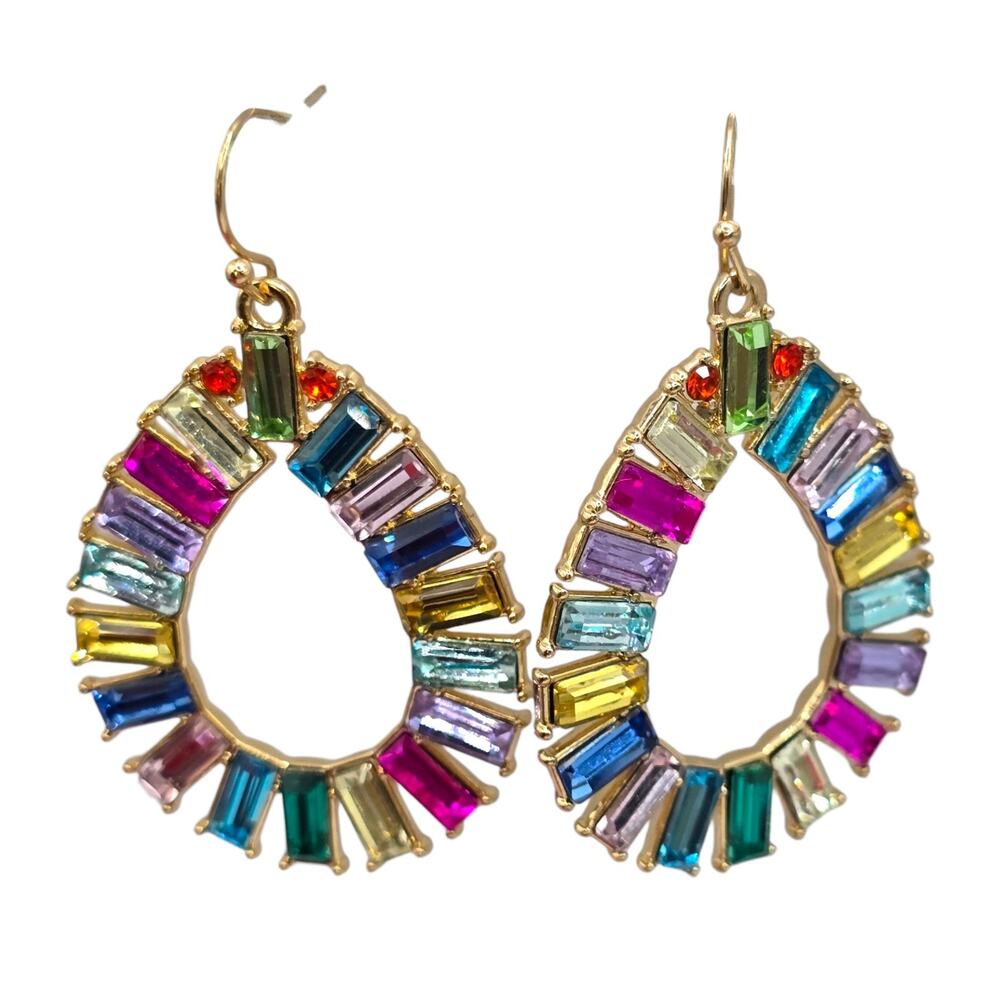 Earrings Rainbow Glass Baguette Cut Summer Color Tones Dangle Pierced SKU 3373